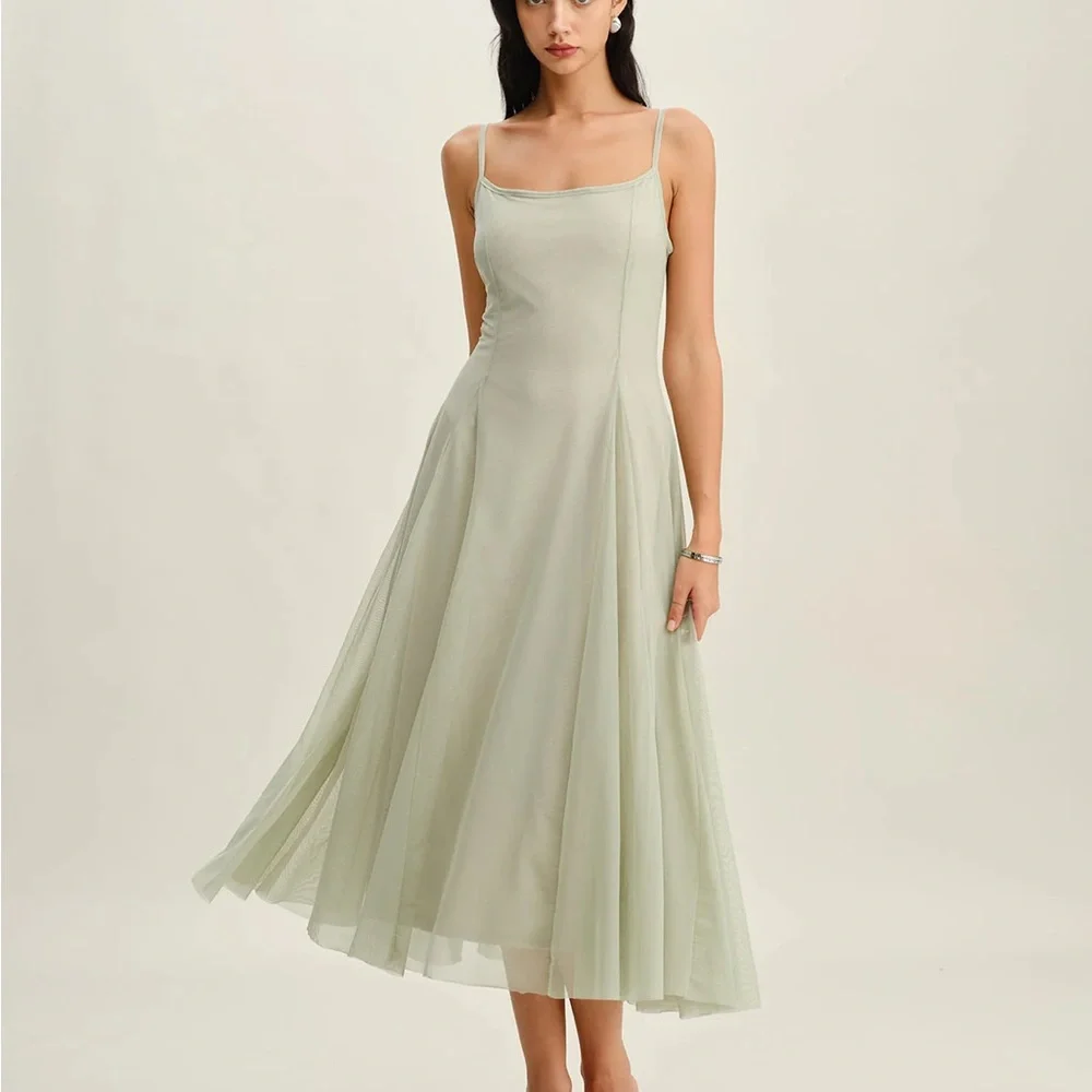 Green A-Line Slip Pleated Midi Dress - Picture 5 of 9